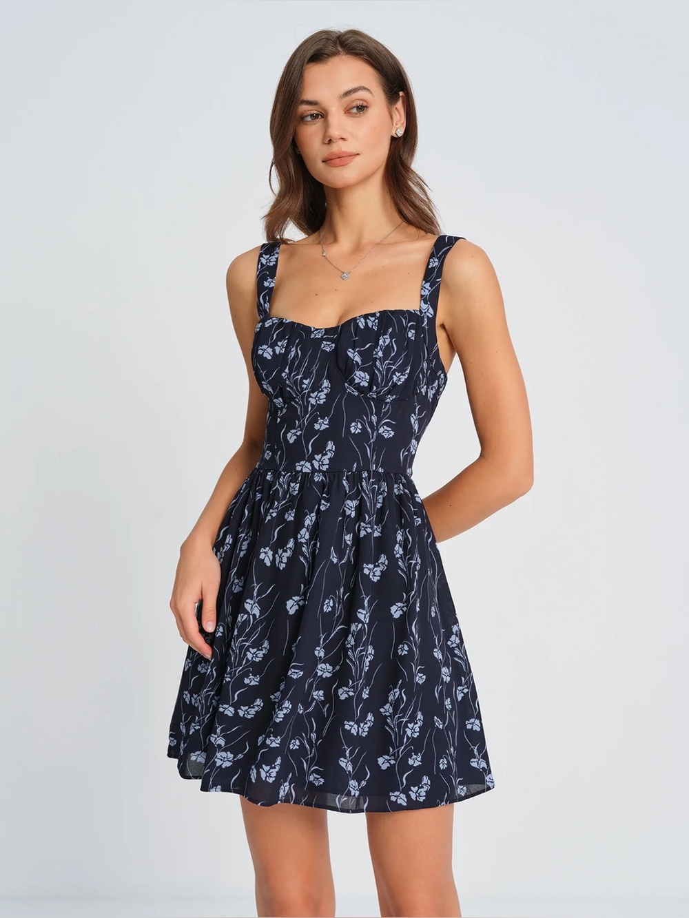 Rihoas Navy Sweetheart Neck Floral Mini Dress